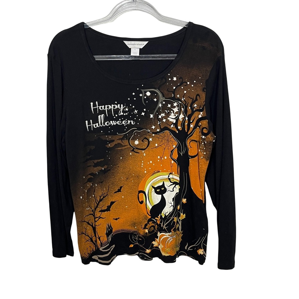 Christopher & Banks Halloween Top Womens XL Black‎ Long Sleeve Cat Graphic Tee